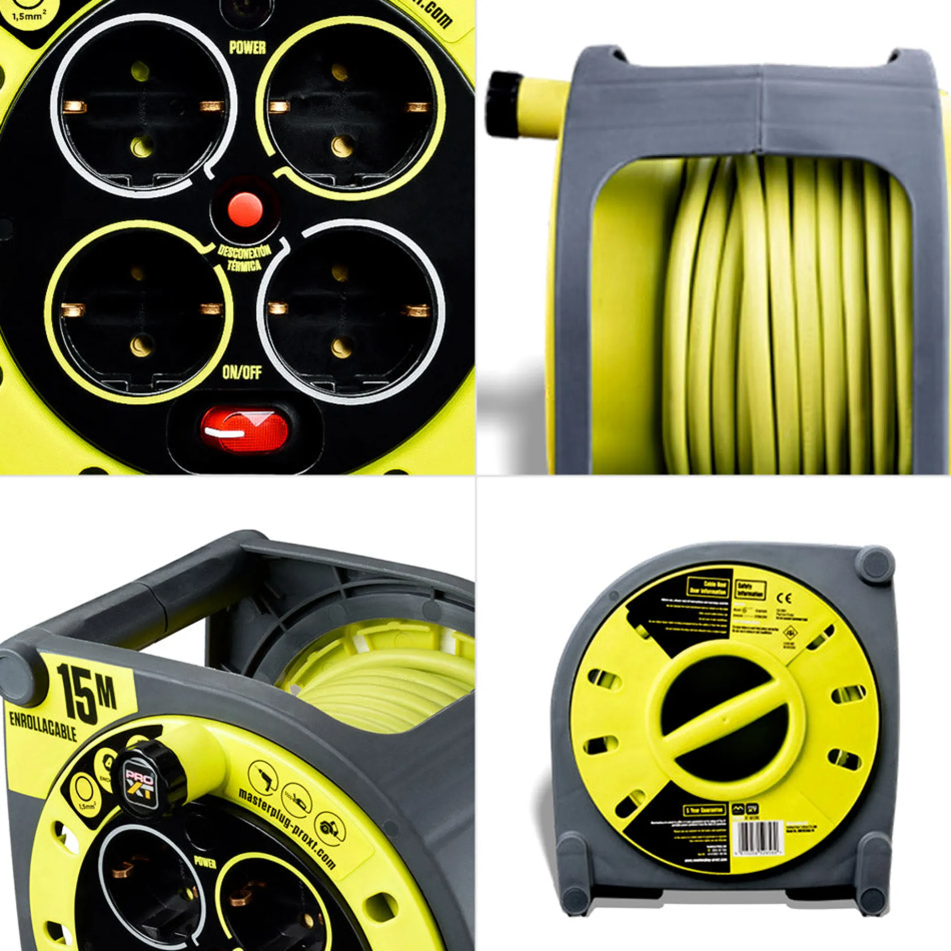 Enrollacables Cerrado Pro-XT - 4 tomas - Cable alta visibilidad 3x1,5mm2 - 15m - IP20