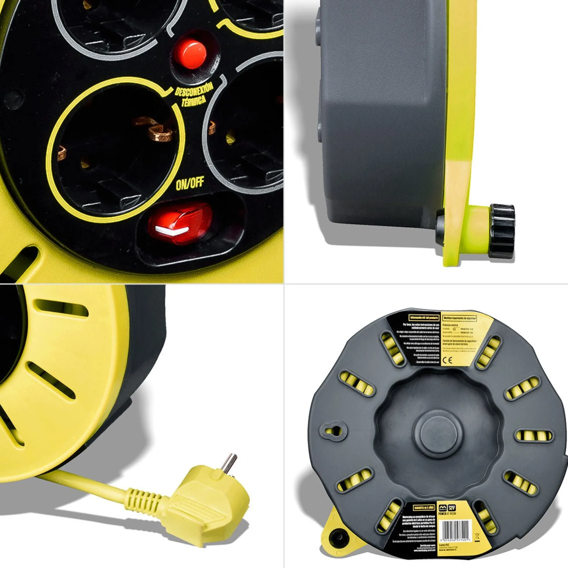 Enrollacables cerrado Pro-XT - 4 tomas - Cable alta visibilidad 3x1,5mm2 - 8m - IP20