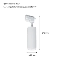 Foco de carril monofásico con ángulo lumínico ajustable y articulado de 8W zoom