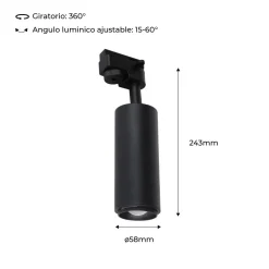Foco de carril monofásico con ángulo lumínico ajustable y articulado de 8W zoom