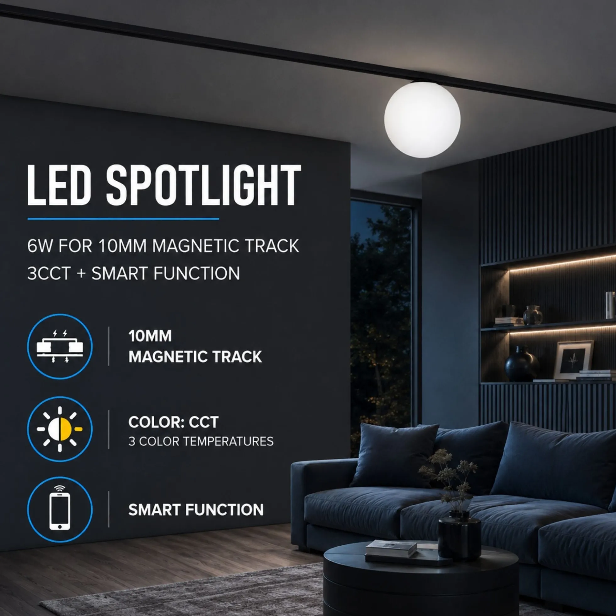 Foco LED "BALL" para carril magnetico 6W - 10mm - CCT + SMART - 48V