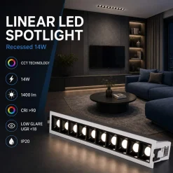 Foco lineal LED empotrable 14W - CCT - UGR18 - CRI90 - IP20