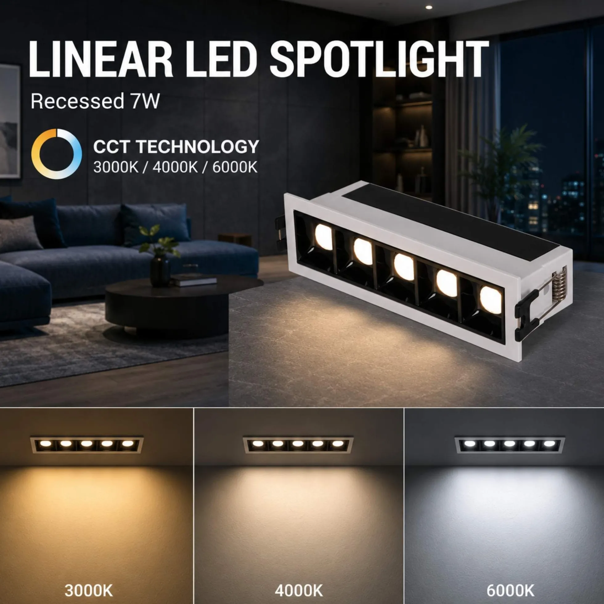Foco lineal LED empotrable 7W - CCT - UGR18 - CRI90 - IP20