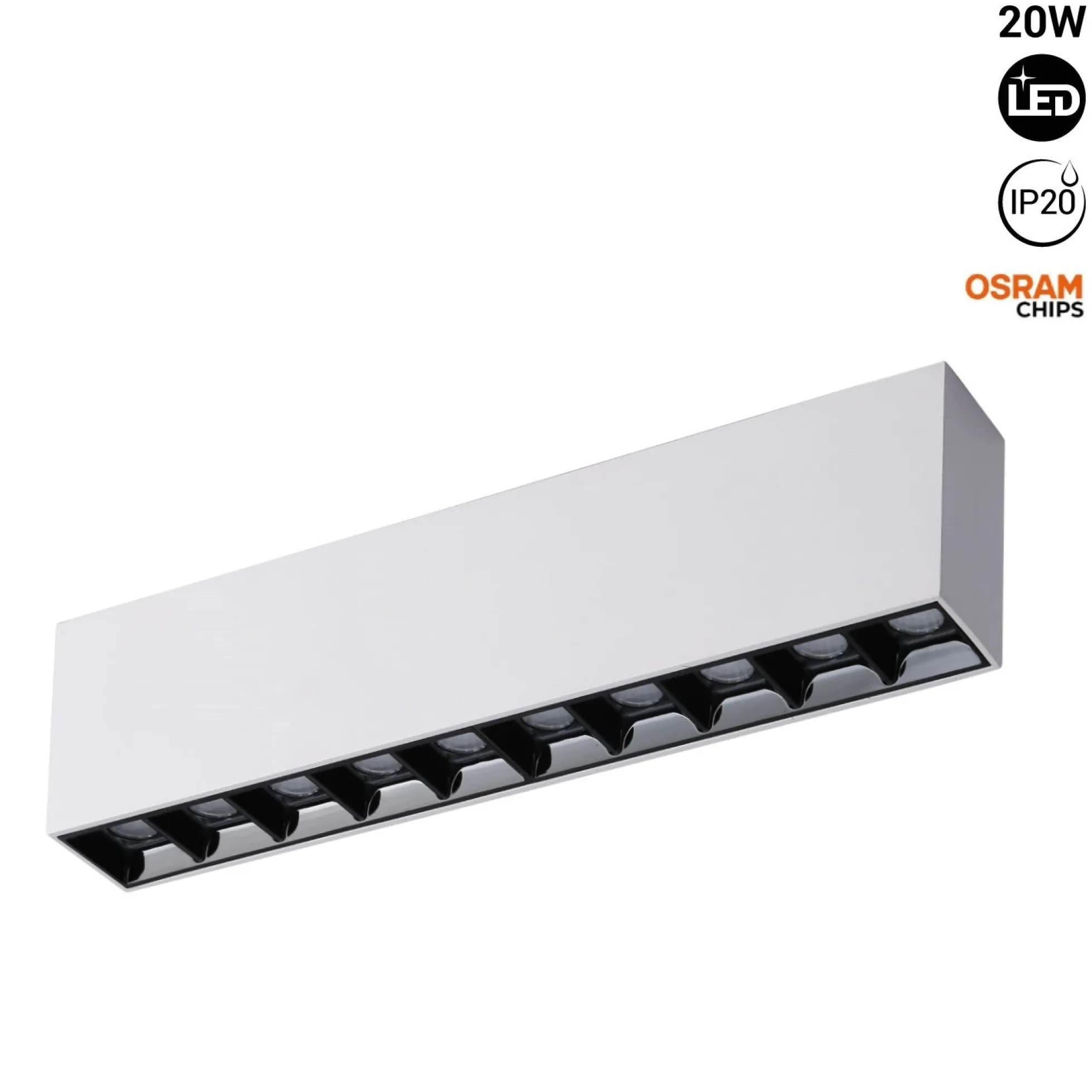 Foco lineal LED superficie color blanco - 20W - UGR18 - CRI90 - Chip OSRAM