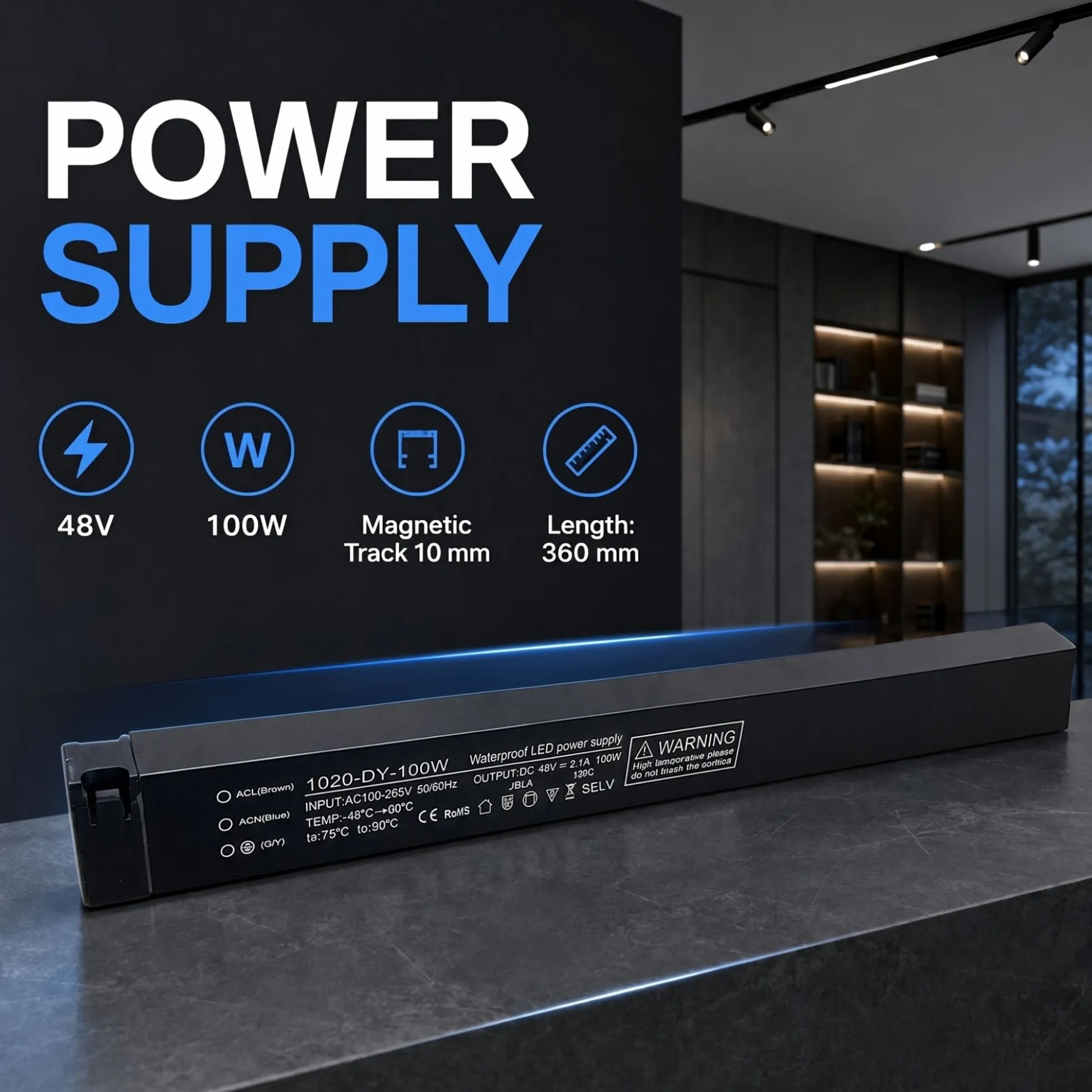 Fuente de alimentación para carril magnético - 10mm - 100W - 48V