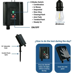 Guirnalda solar exterior - 15 Bombillas LED filamento E27 - IP44 - 10 metros