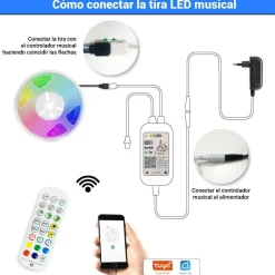 Kit tira LED musical RGB WiFi Alexa/Google Home con fuente, mando y controlador 5 metros