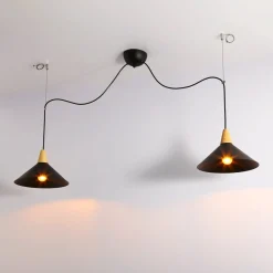 Lampara colgante doble metal y madera  