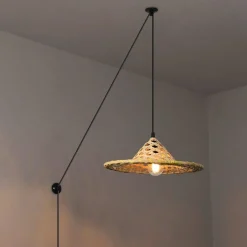 Lámpara colgante de mimbre ajustable "Nona" - con interruptor y enchufe - E27