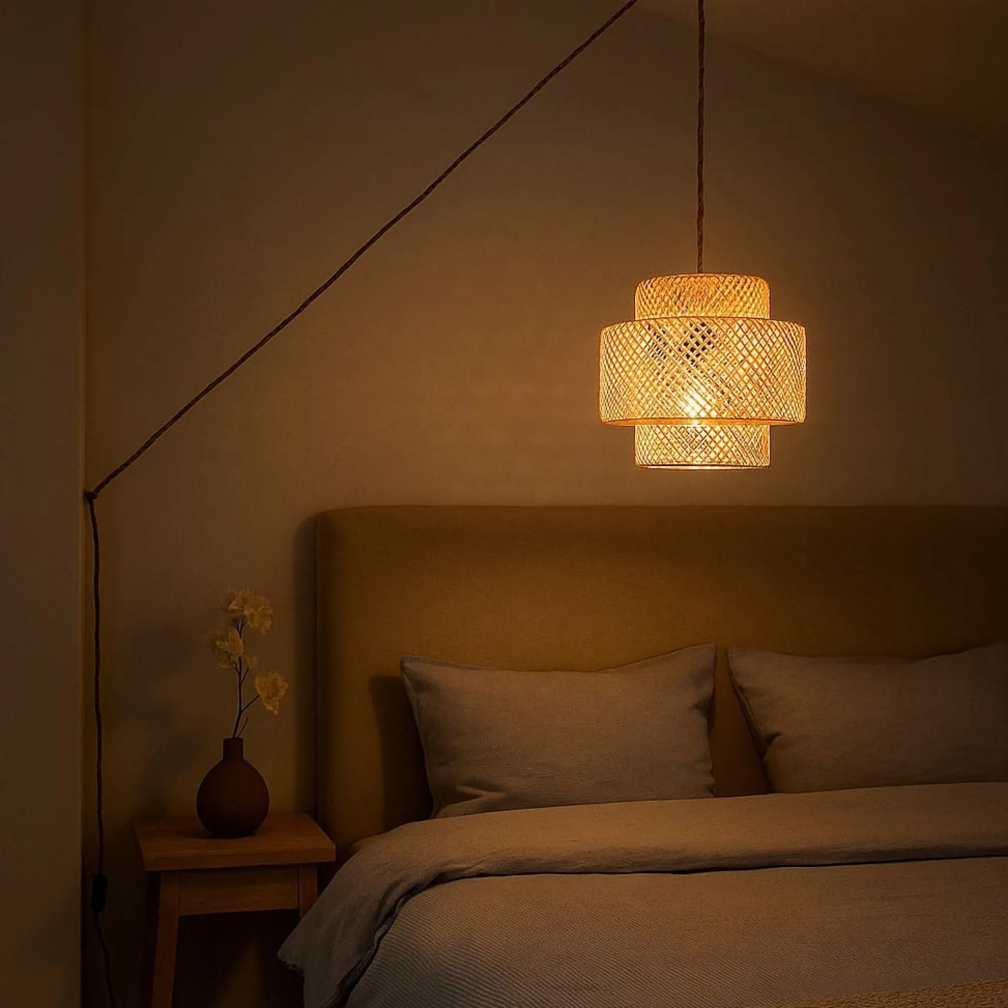 Lámpara colgante de mimbre "JENSEN" - Ø40cm - Con interruptor y enchufe - E27