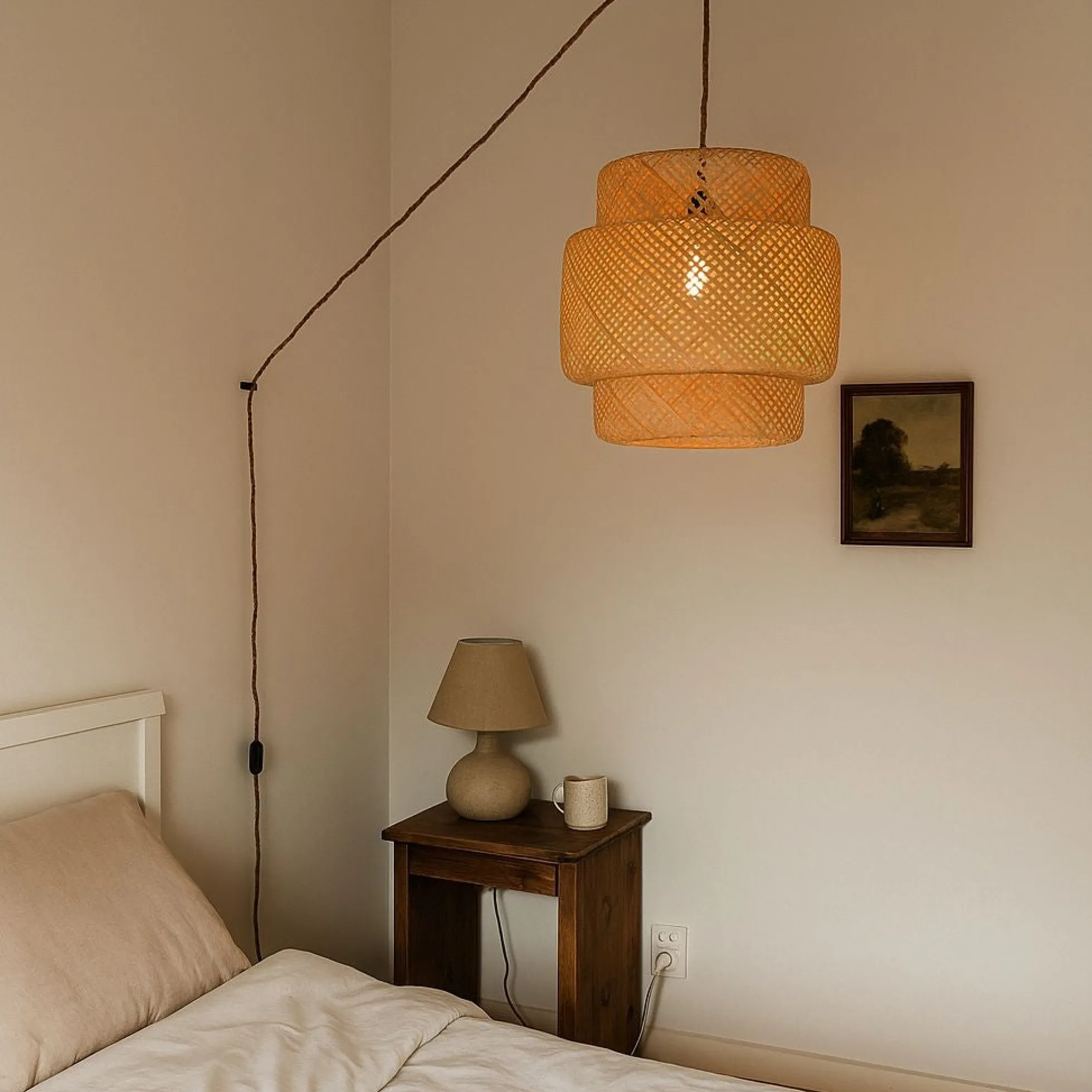 Lámpara colgante de mimbre "JENSEN" - Ø50cm - Con interruptor y enchufe - E27