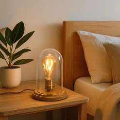 Lámpara de vidrio y madera para mesa 