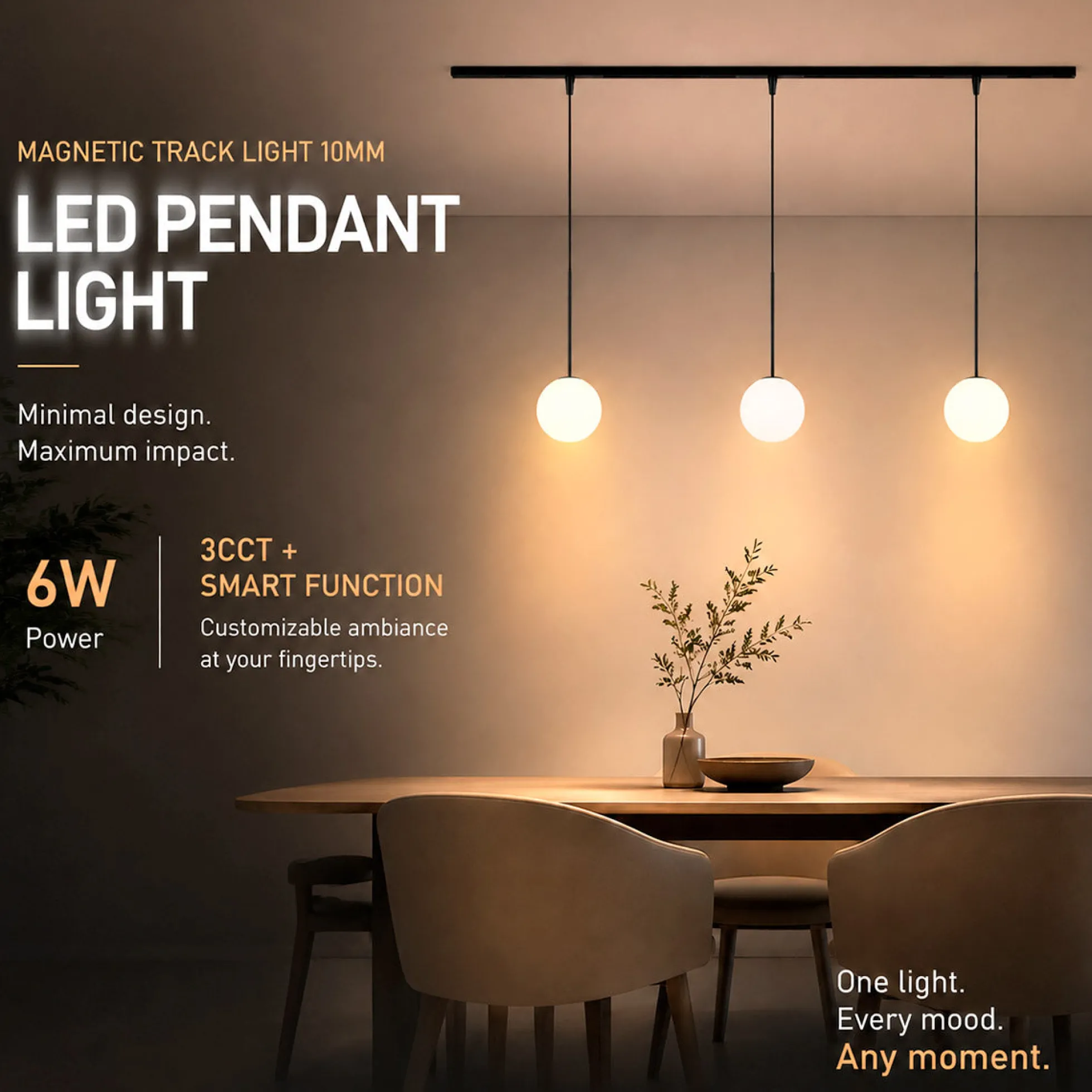 Lámpara LED de suspensión para carril magnético - 6W - 10mm - CCT + SMART FUNCTION