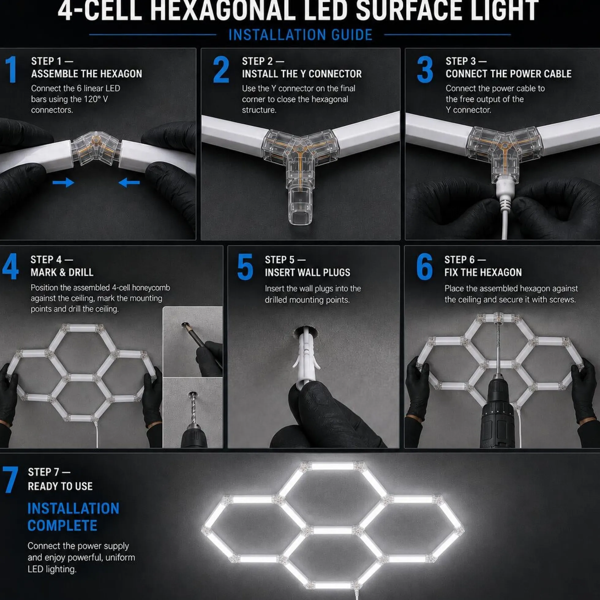 Lámpara LED hexagonal - 6500K - 4 hexágonos - 440cm