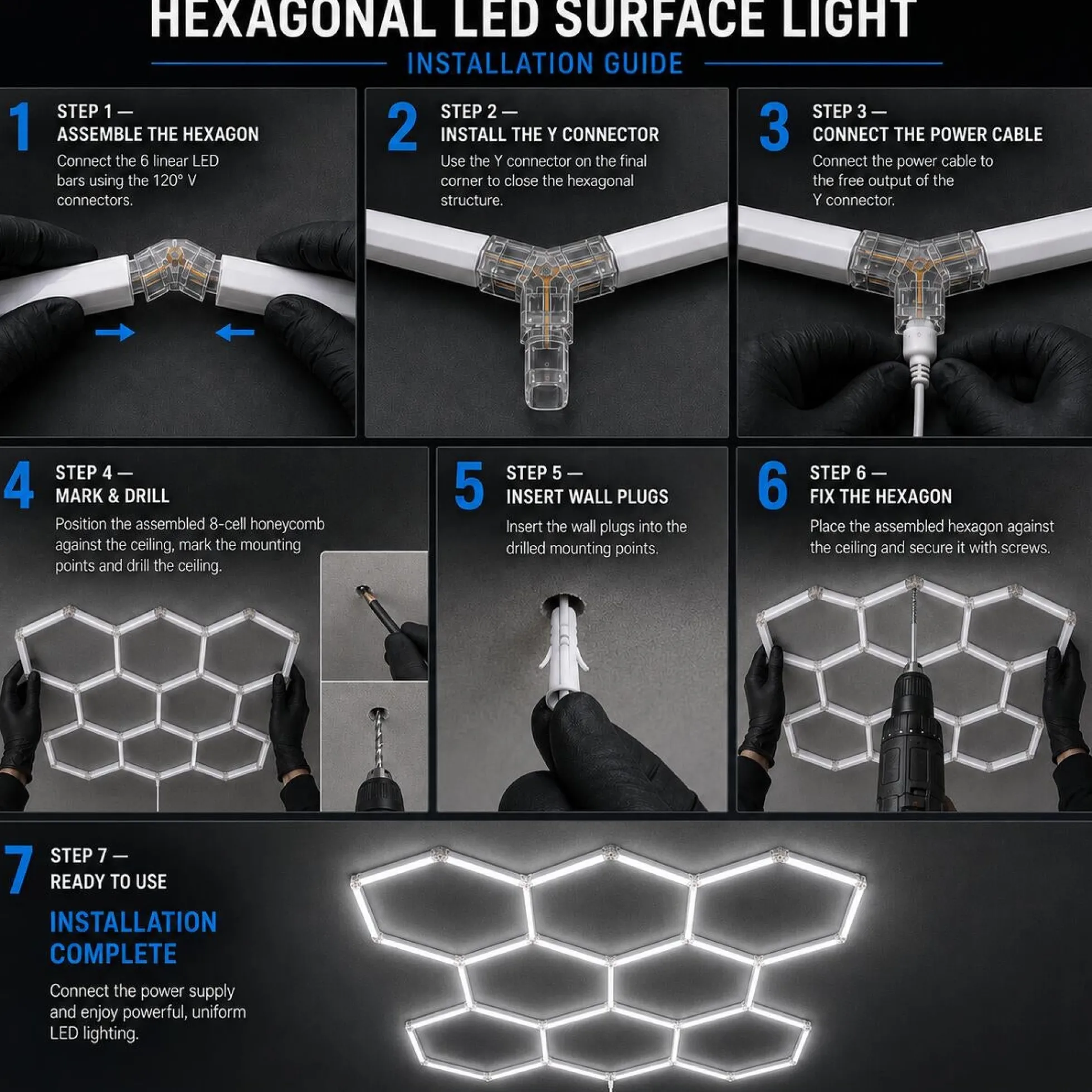 Lámpara LED hexagonal - 6500K - 8 hexágonos - 440cm