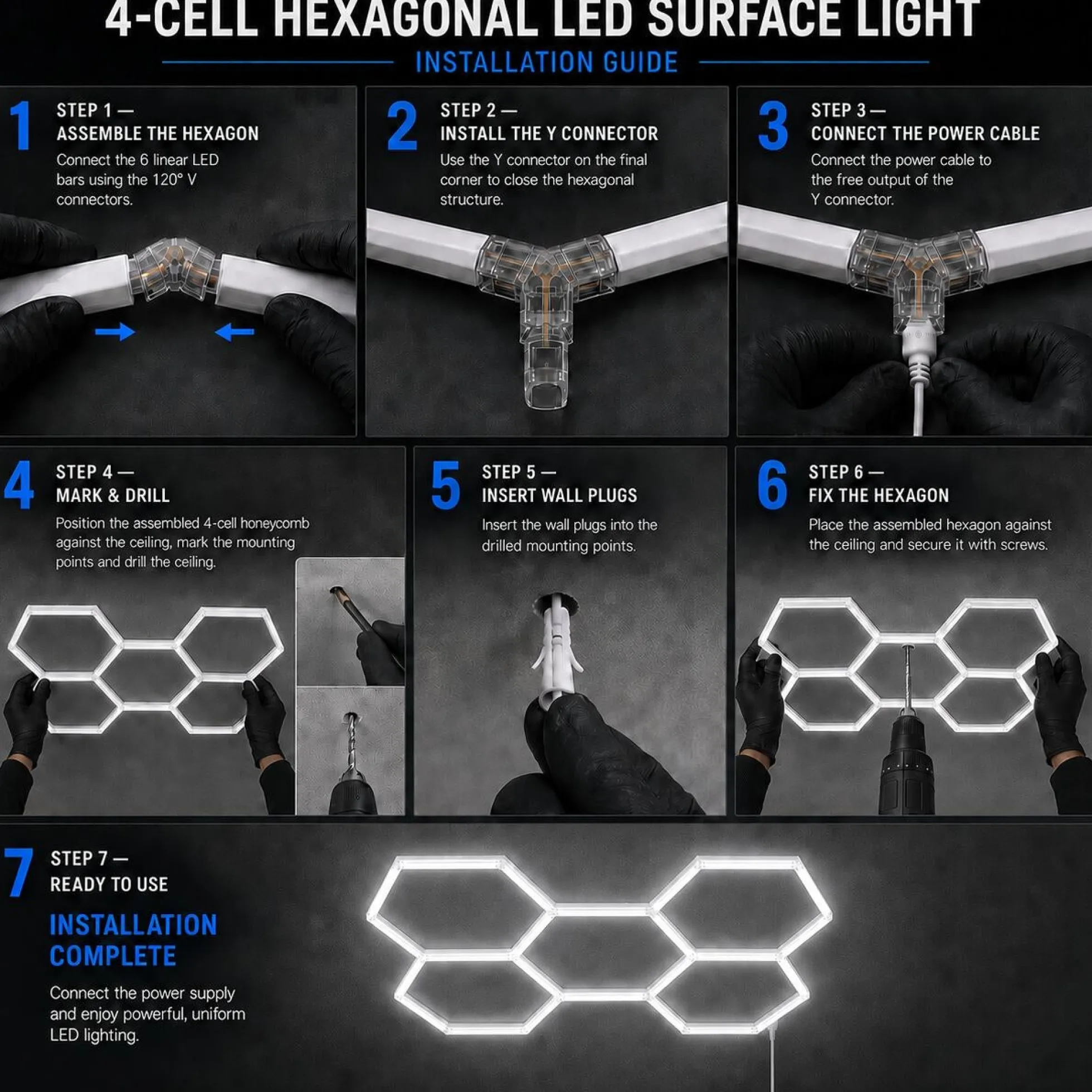 Lámpara LED hexagonal - 6500K - 5 hexágonos - 440cm