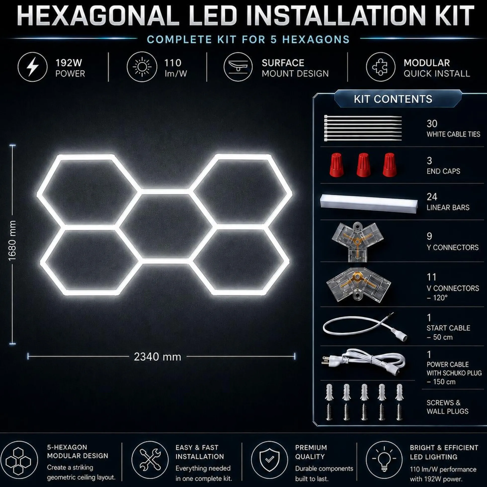 Lámpara LED hexagonal - 6500K - 5 hexágonos - 440cm