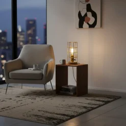 Lámpara vintage de mesa de estilo industrial madera y rejilla 