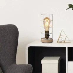 Lámpara vintage de mesa de estilo industrial madera y rejilla 