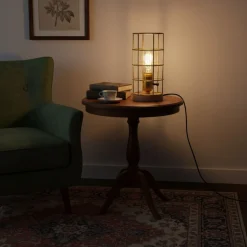 Lámpara vintage de mesa de estilo industrial madera y rejilla 