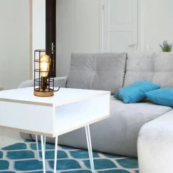 Lámpara vintage de mesa de estilo industrial madera y rejilla 