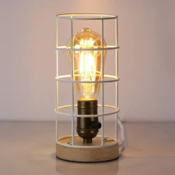 Lámpara vintage de mesa de estilo industrial madera y rejilla 