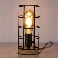 Lámpara vintage de mesa de estilo industrial madera y rejilla 