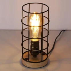 Lámpara vintage de mesa de estilo industrial madera y rejilla 