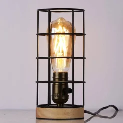 Lámpara vintage de mesa de estilo industrial madera y rejilla 