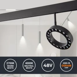 Luminaria circular LED para carril magnético 48V - Ø16cm - 18W - CRI90 - UGR18 - OSRAM
