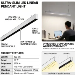 Luminaria  colgante lineal LED 30W 120cm 2750lm de bajo UGR16