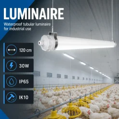 Luminaria estanca tubular para uso industrial - 120cm - 30W - IP65 - IK10