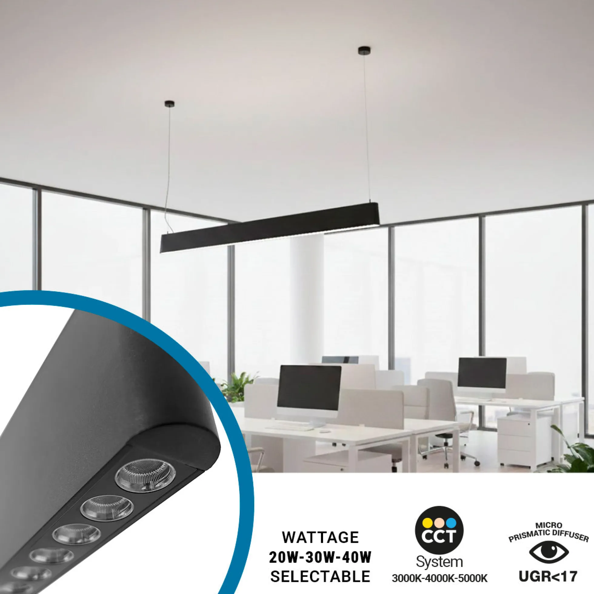 Luminaria lineal LED CCT - Bidireccional - Suspensión - Potencia ajustable 20W/30W/40W - 120cm - UGR 17