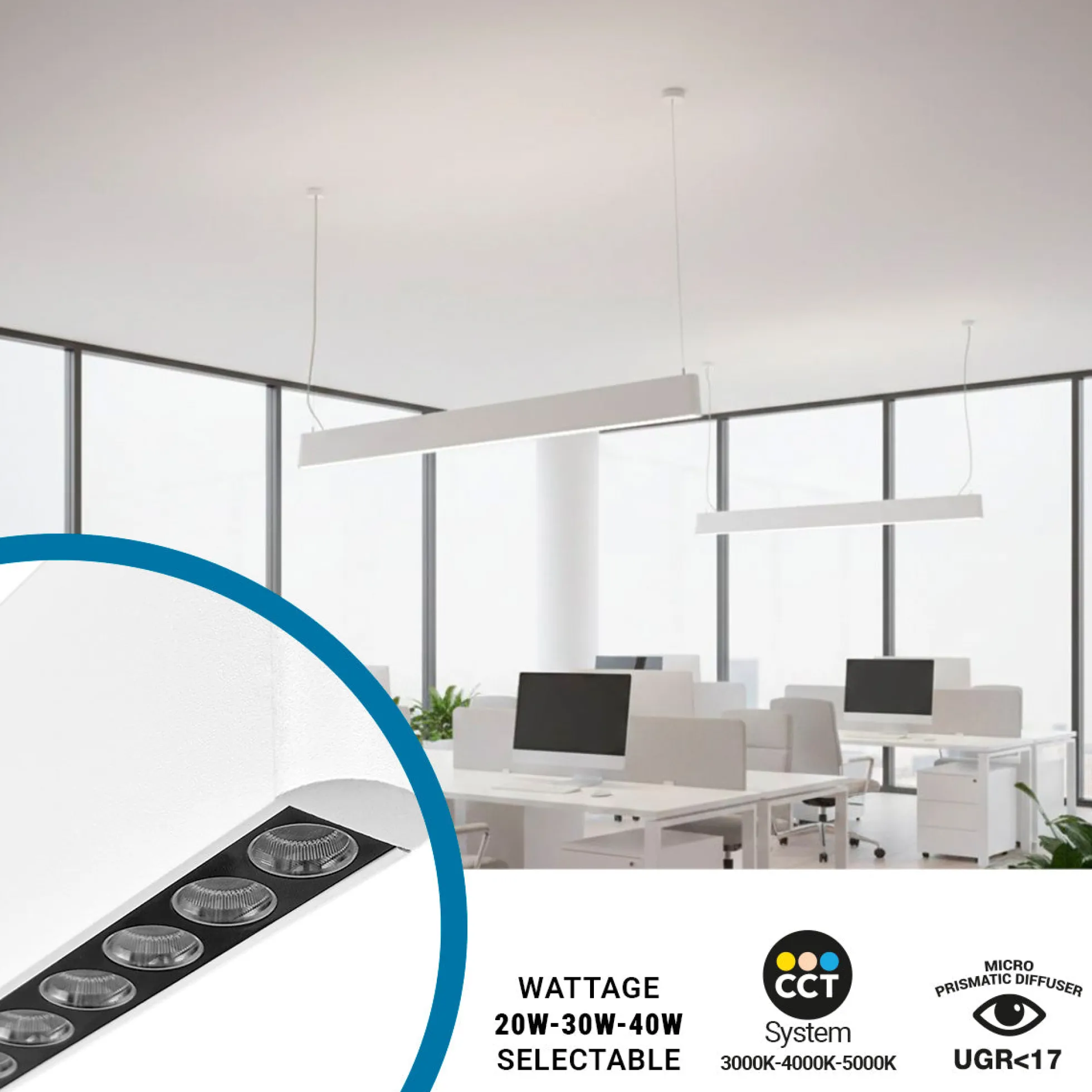 Luminaria lineal LED CCT - Bidireccional - Suspensión - Potencia ajustable 20W/30W/40W - 120cm - UGR 17