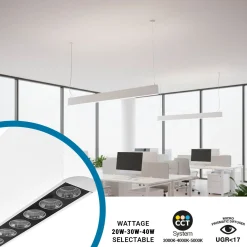 Luminaria lineal LED CCT - Suspensión - Potencia ajustable 20W/30W/40W - 120cm - UGR 17