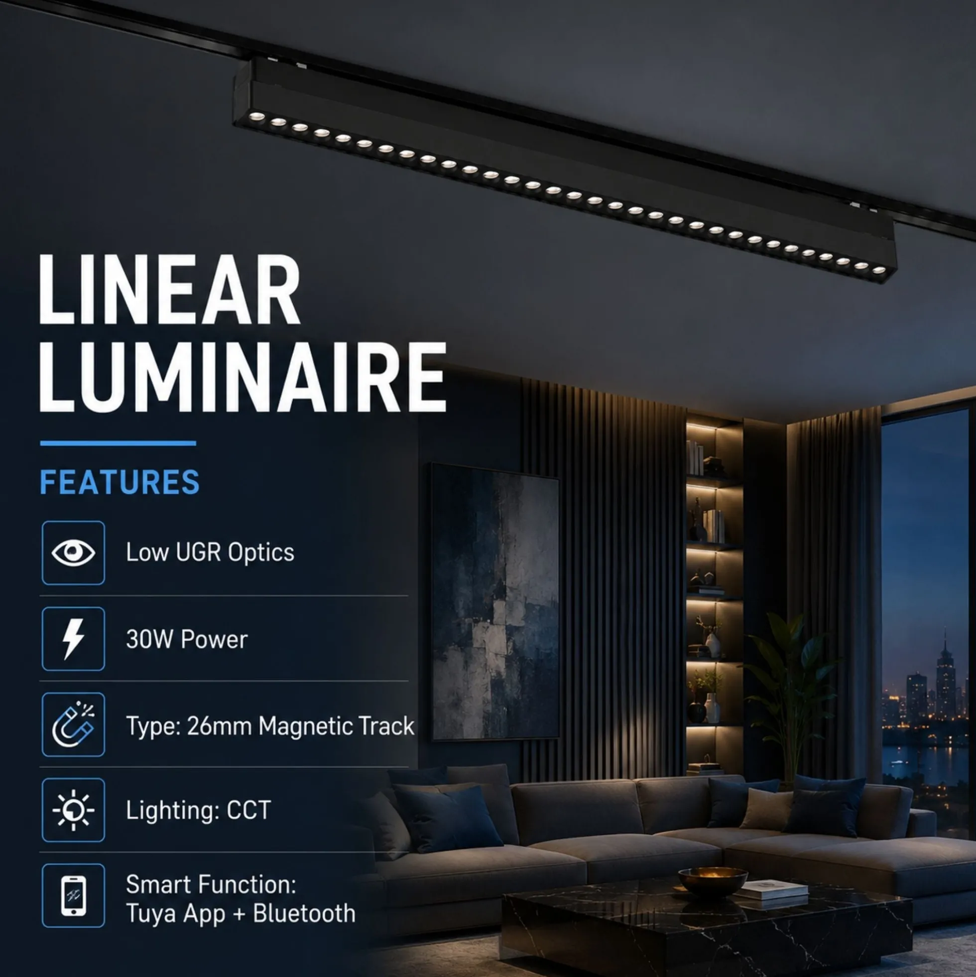 Luminaria lineal para carril magnético - 30W - 26mm - CCT + SMART - UGR18 - 48V