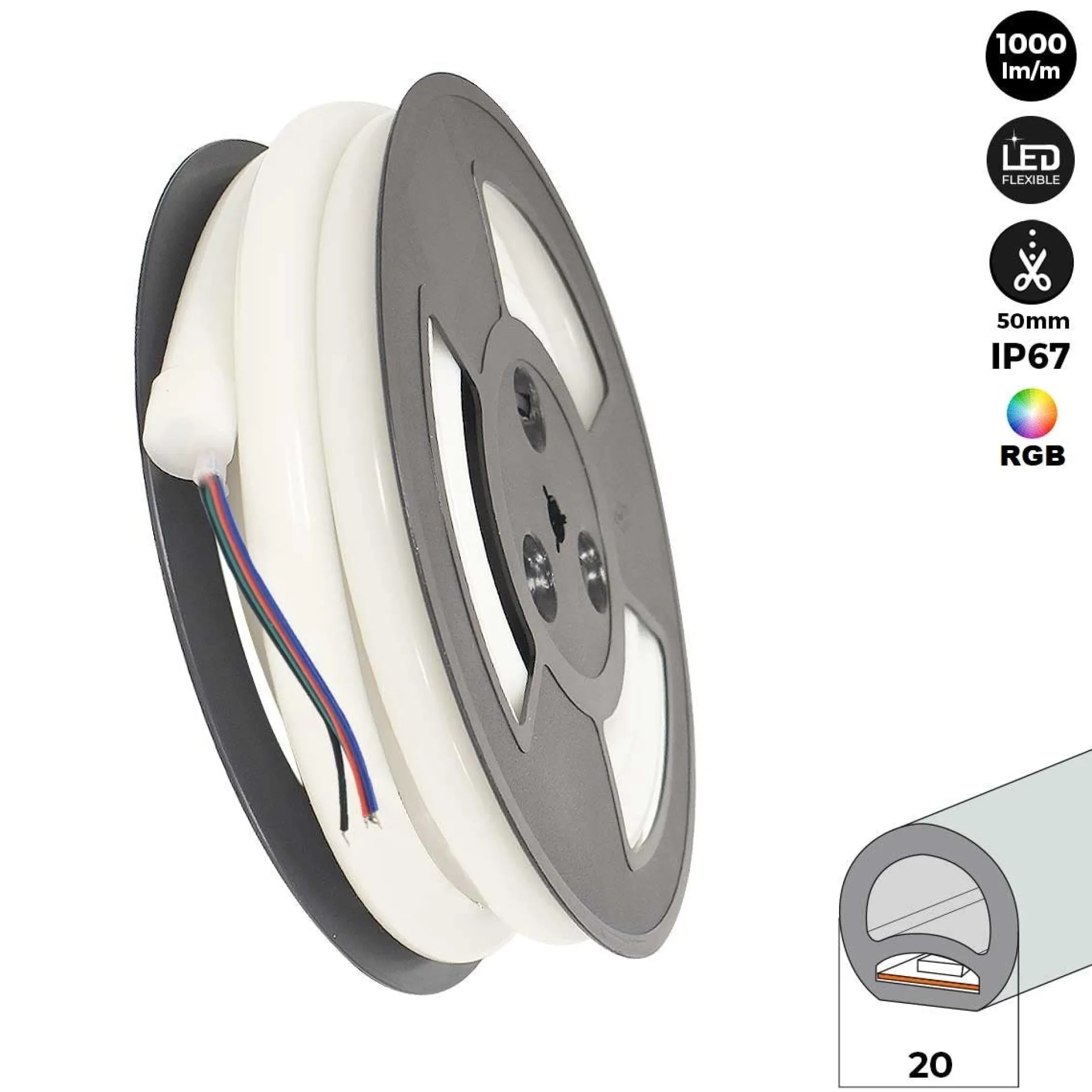 Neón LED flexible circular RGB - 24 V - Instalación sobre superficie - Ø20mm - 5 metros - 22W/m - Kit completo - IP67