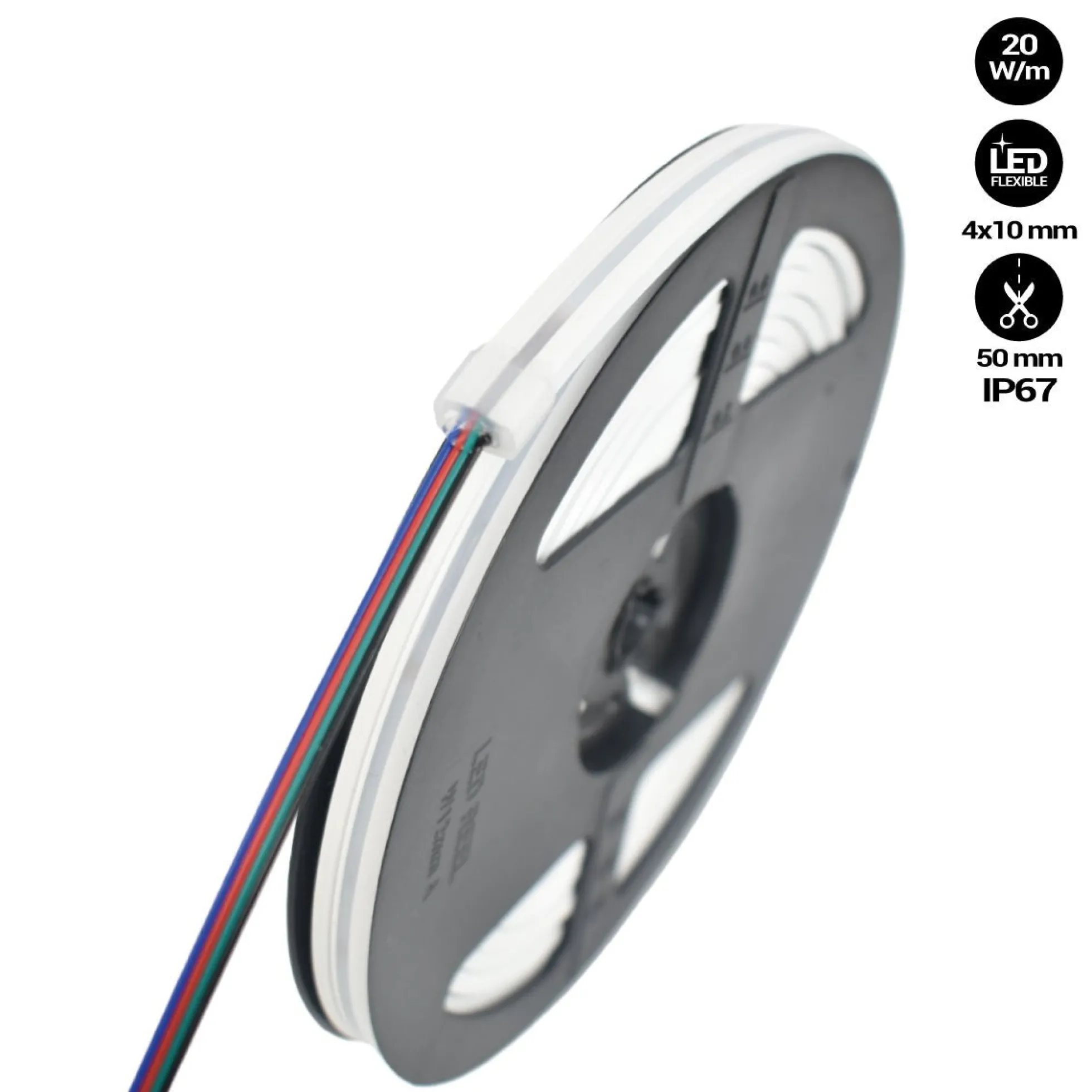 Neón LED Flexible RGB - 24V/DC 4x10mm - 5 metros - Kit completo - IP67 - 20W/m - Curvatura lateral