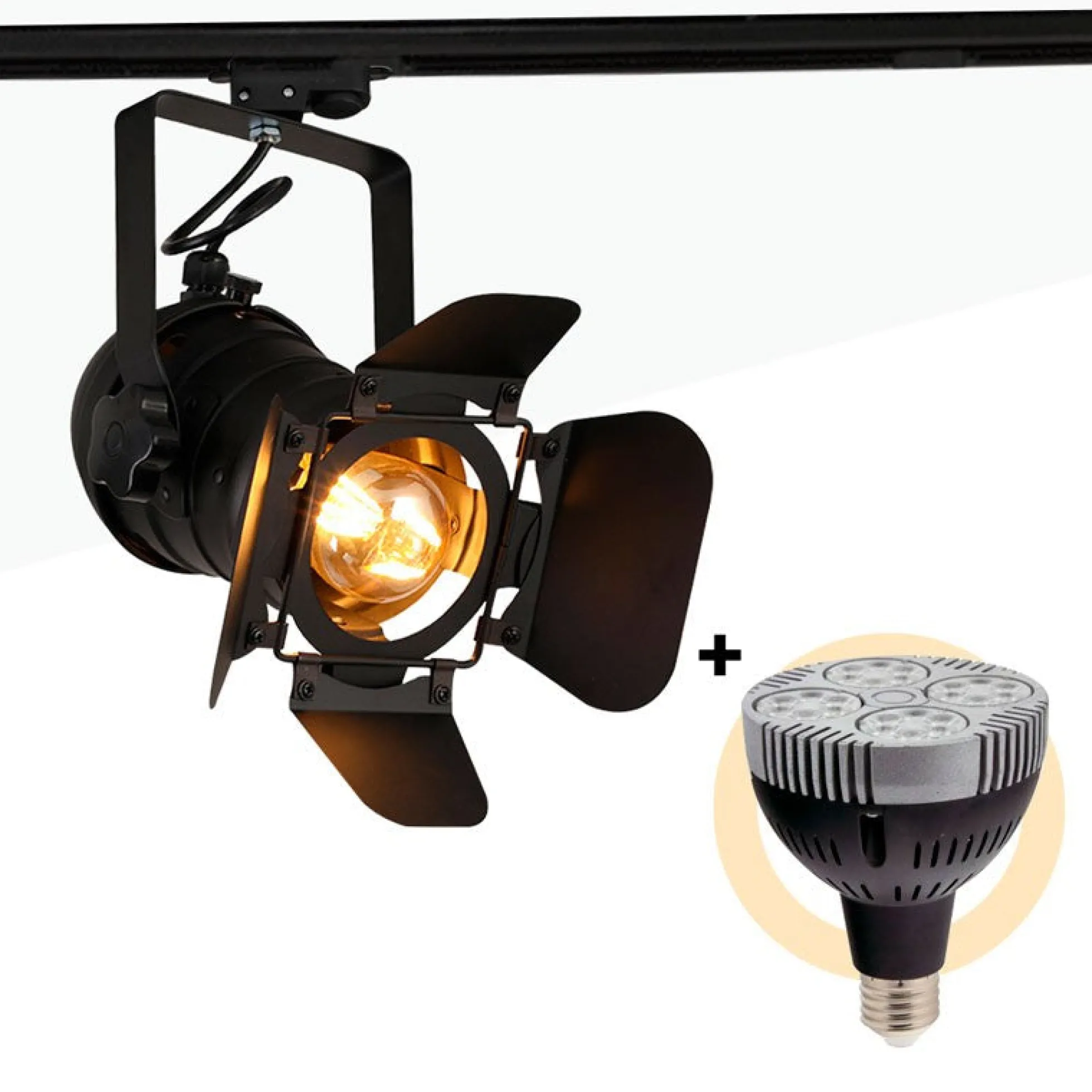 Pack Foco de carril monofásico orientable "CINEMA" con Bombilla LED PAR30 E27