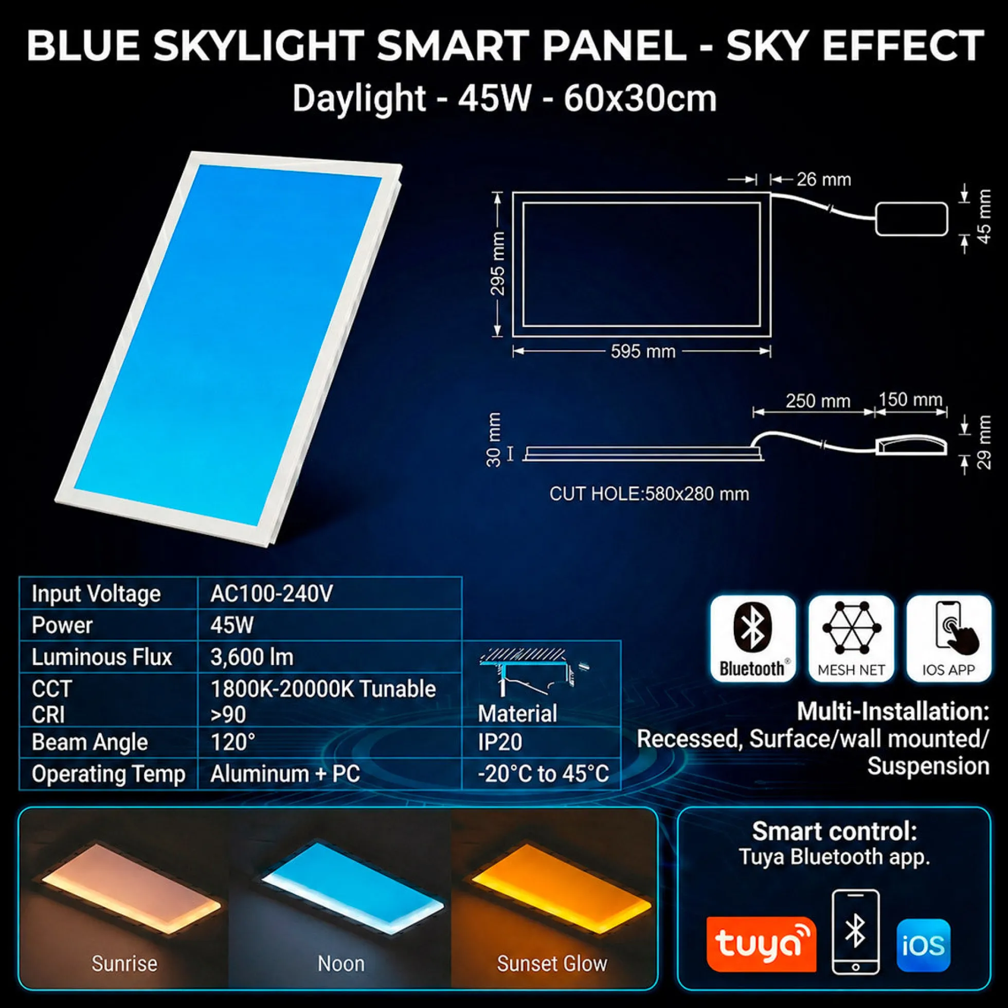 Panel Blue Skylight efecto cielo "SKYWIN SR SMART" - Slim - CCT - 45W - 60x30cm
