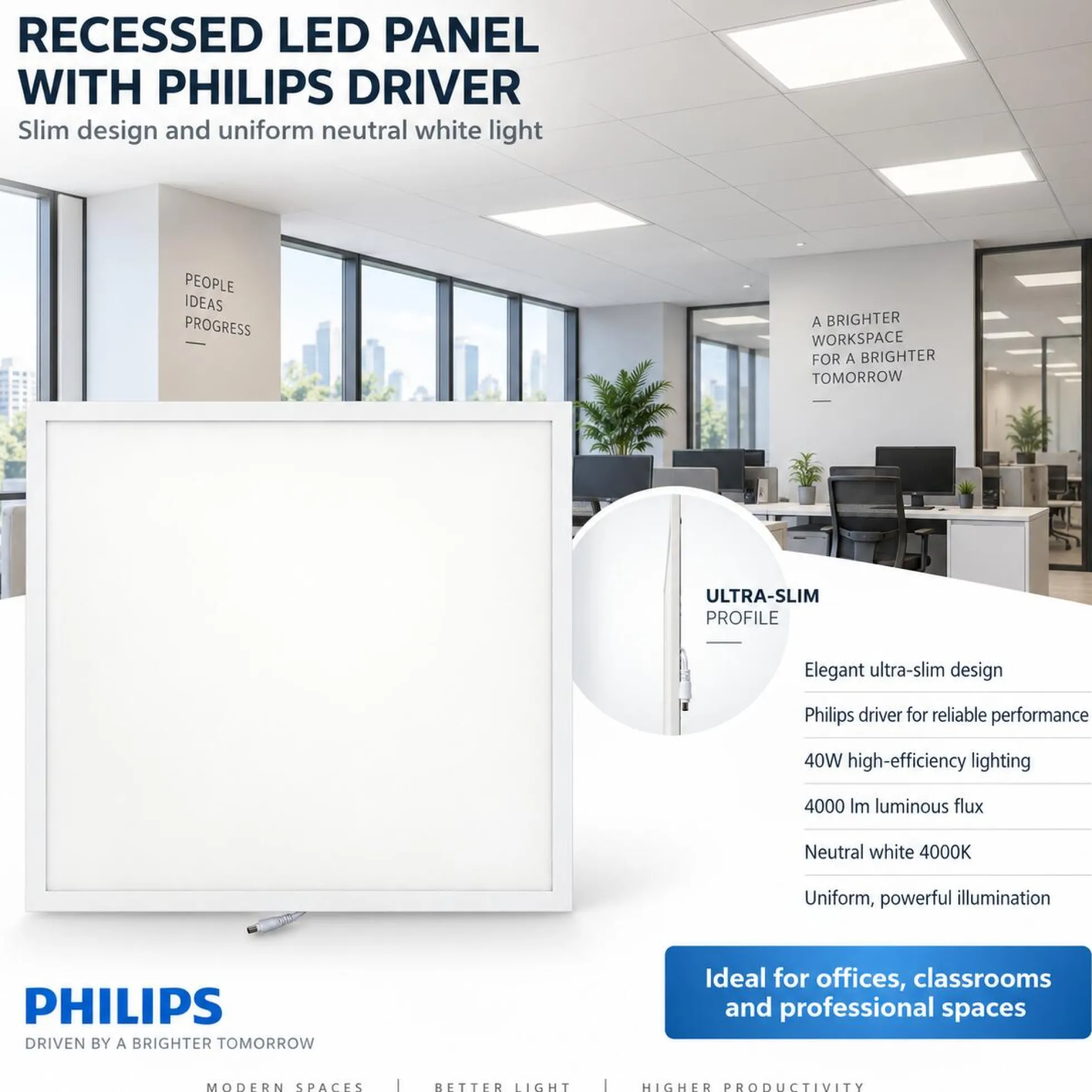 Panel LED slim 60x60cm - Driver PHILIPS - 44W - UGR18 - CRI 90 - IP40