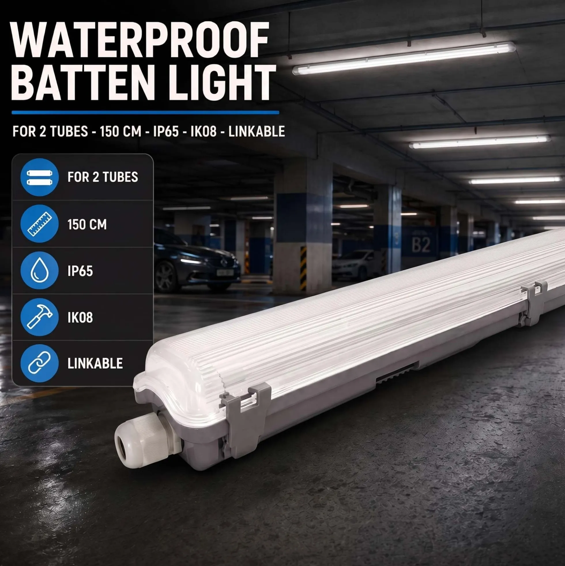 Pantalla estanca para 2 tubos LED - 150cm - IP65