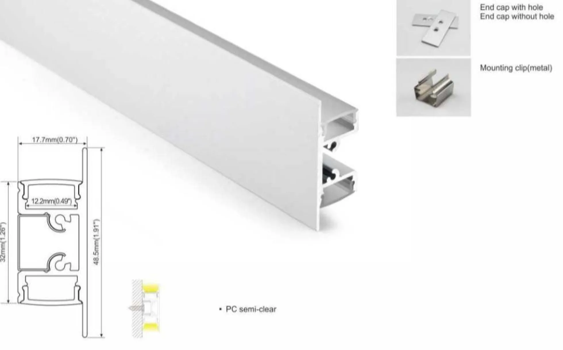 Perfil de aluminio para tira LED superficie - Bañador arriba/abajo - 18x49mm - 2 metros