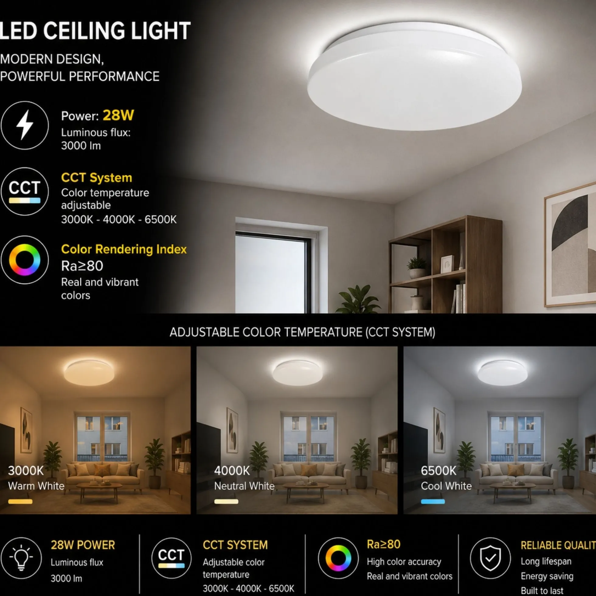Plafón LED de techo - CCT - 28W - CRI80 - IP20