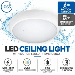 Plafón LED de techo estanco con sensor de movimiento + Luz de emergencia - CCT - Potencia ajustable 12W-16W - Ø31cm - IP65
