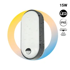 Plafón LED exterior ovalado con sensor PIR - 15W - CCT - IP65