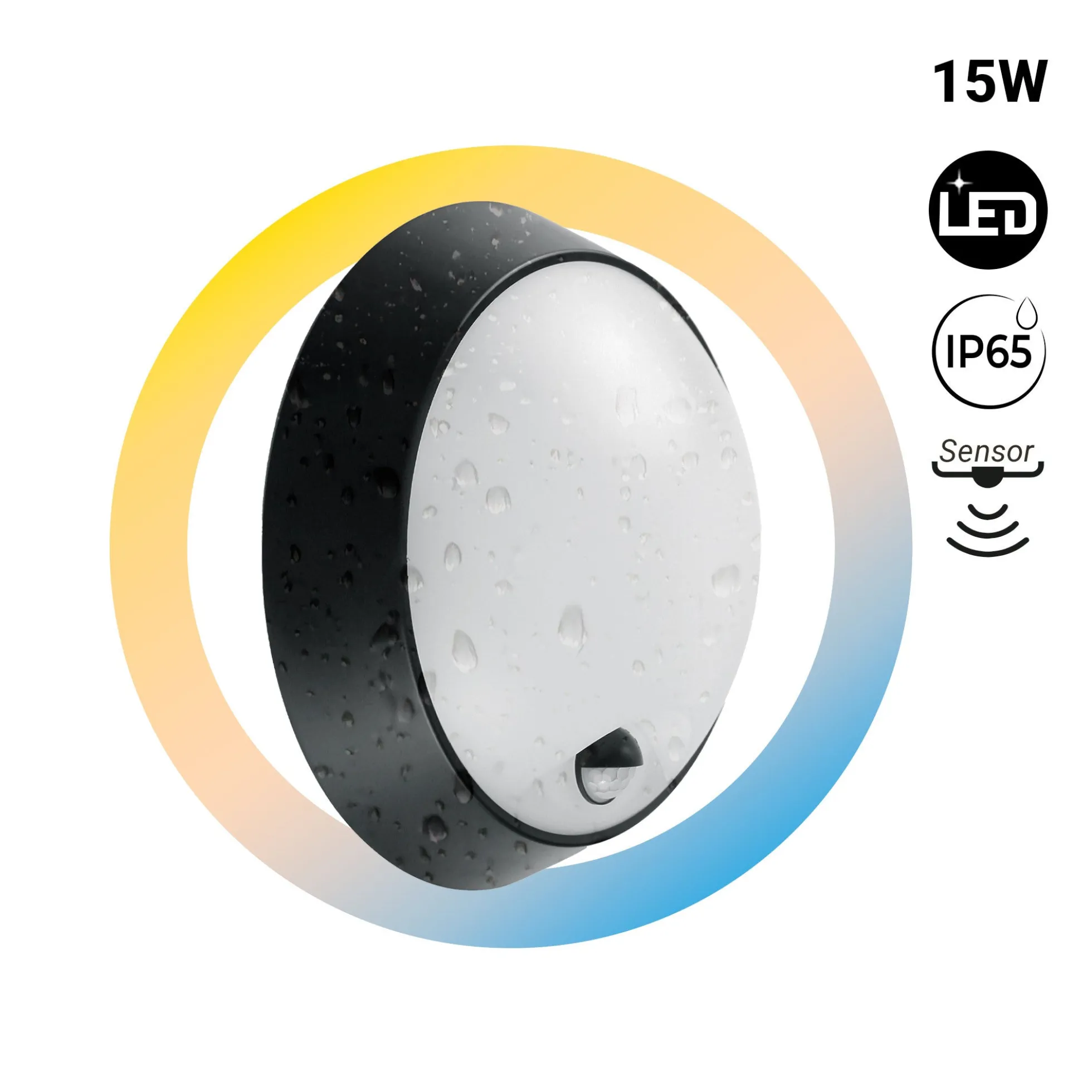 Plafón LED exterior redondo con sensor PIR - 15W - CCT - IP65