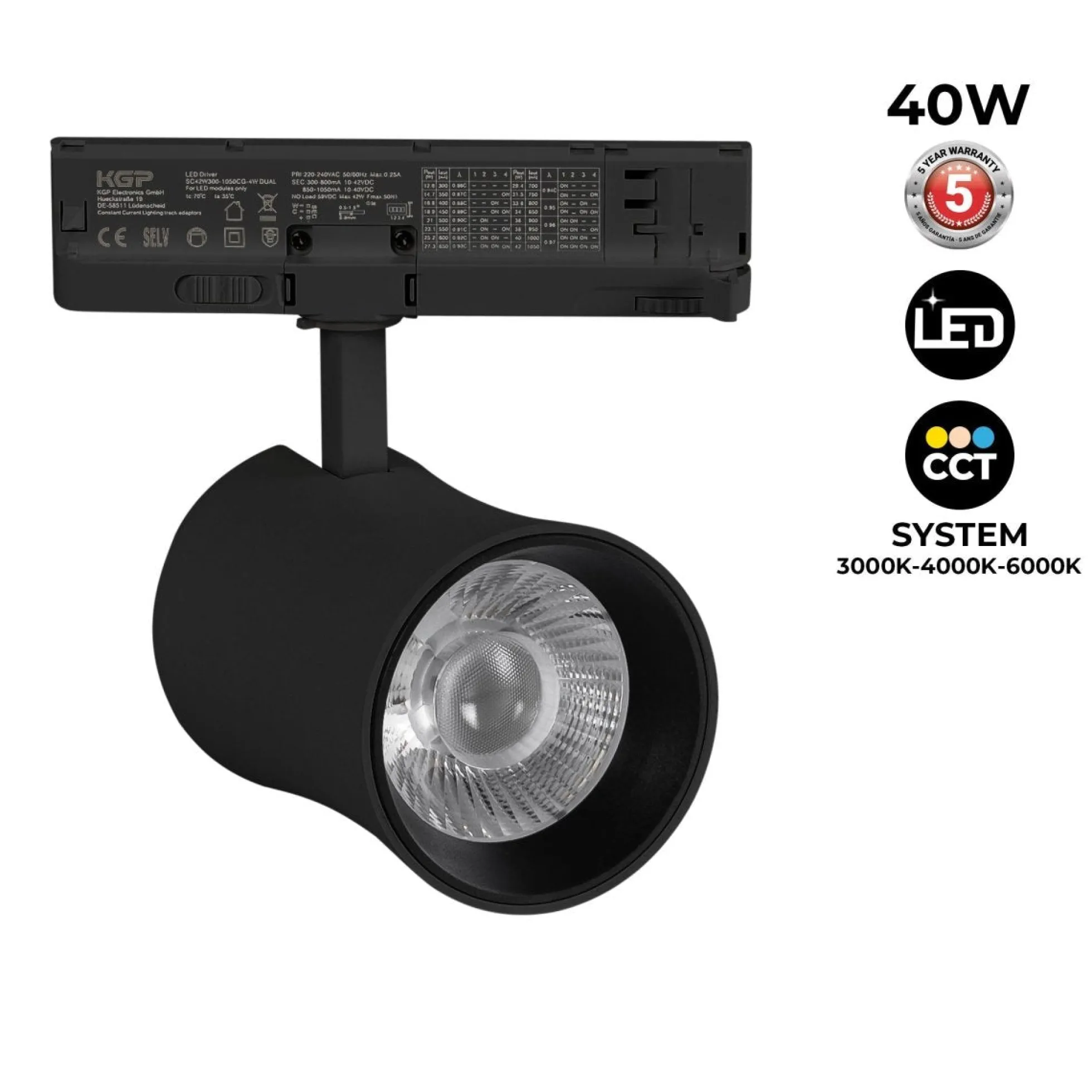 Proyector LED arquitectónico para carril trifásico CCT - 40W - CRI 90 - Driver KGP