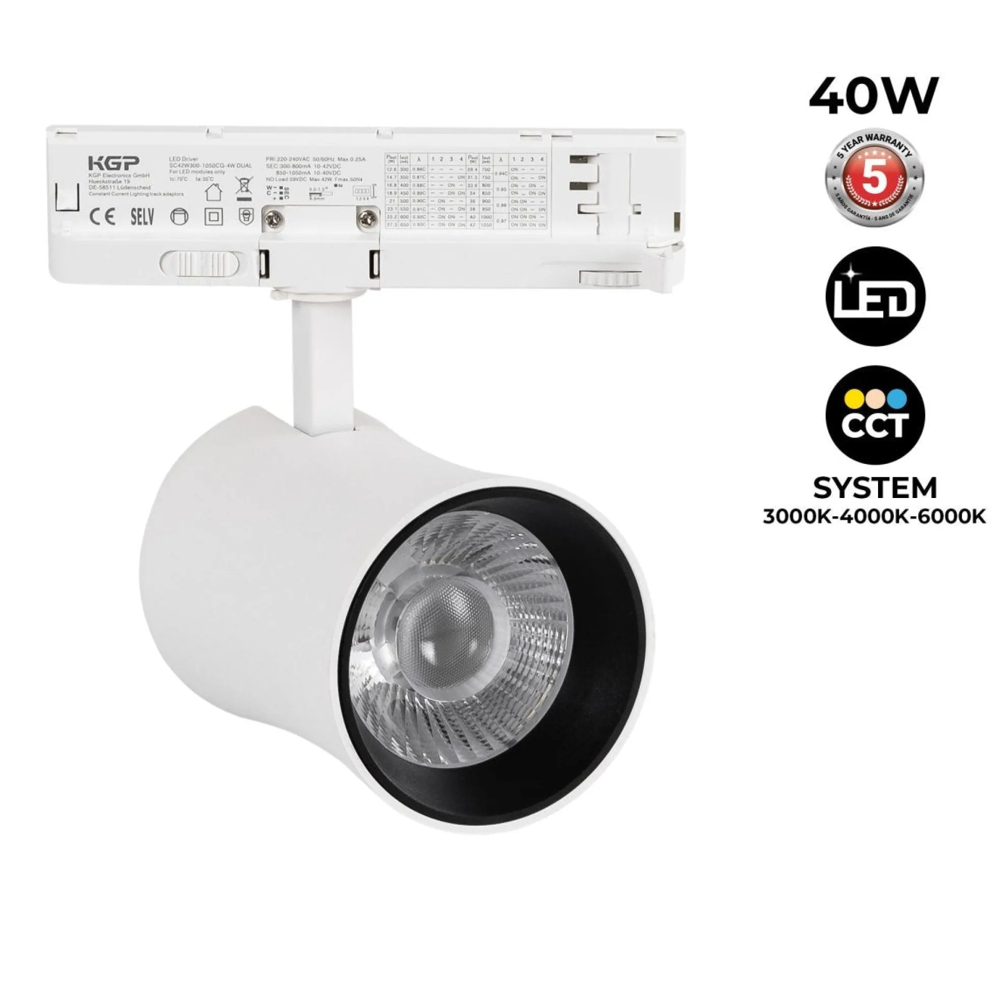 Proyector LED arquitectónico para carril trifásico CCT - 40W - CRI 90 - Driver KGP
