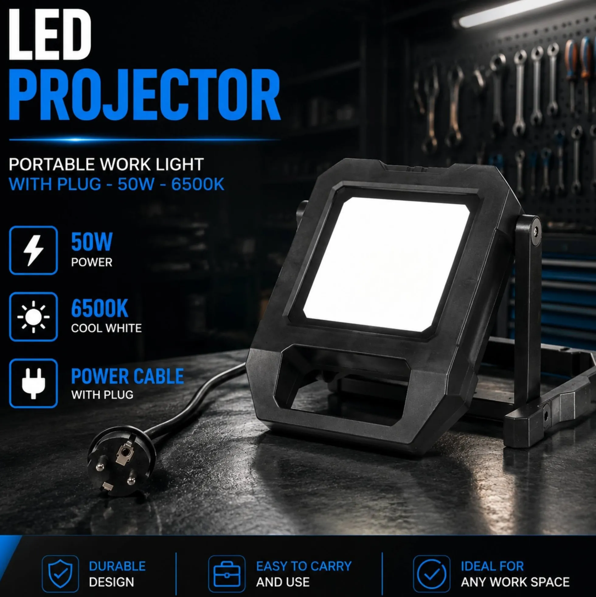 Proyector LED de trabajo con cable y soporte - 50W - 6500K - IP54